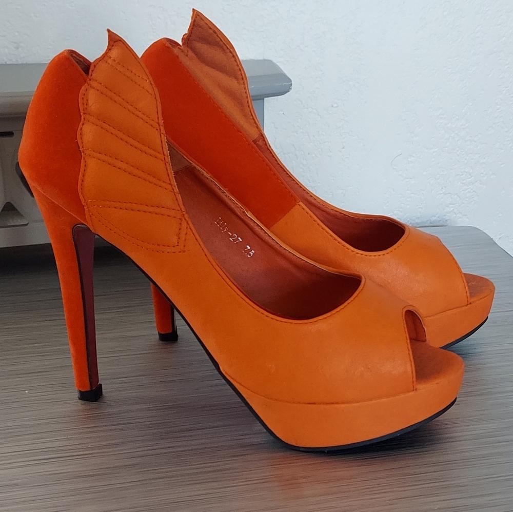 Orange Suede Platform Peep Toe Stilettos